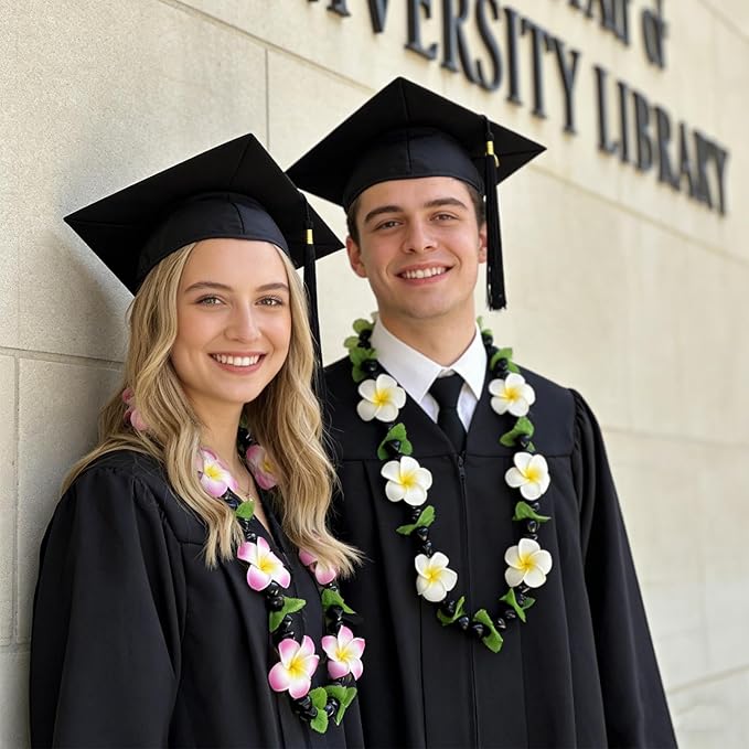 2 Pack 48 Inch Hawaiian Graduation Kukui Nut Money Lei 3D Artificial Plumeria Flower Tropical Hawaii Luau Wreaths for High School College 2026 Grad Party Accessories
