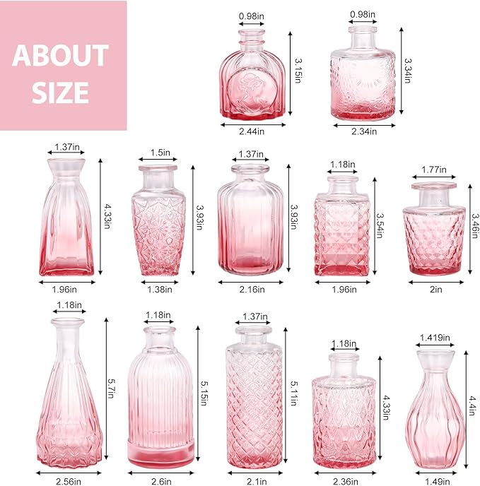 12 Pack Pink Glass Bud Vase Set, Small Vintage Vases for Centerpieces, Decorative Flower Vases for Wedding Home Table Decor