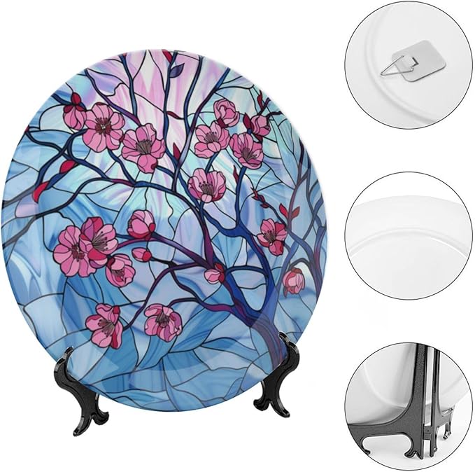 Stained Glass Theme Decorative Ceramic Plate Round Porcelain Plate,7 inch,Cherry Tree Pattern,for Decorative Ornaments Giving Plates, 1 Plate with 1 Display Stand,Blue Pink