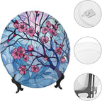 Stained Glass Theme Decorative Ceramic Plate Round Porcelain Plate,7 inch,Cherry Tree Pattern,for Decorative Ornaments Giving Plates, 1 Plate with 1 Display Stand,Blue Pink