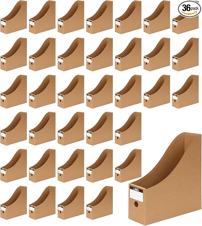36 Pcs Cardboard Magazine File Holders, Bulk Kraft Paper Magazine Book Bin Box with Label Sticker, Paper Organizer Storage Folder for School Classroom Office Library Home Supplies Desk Shelve