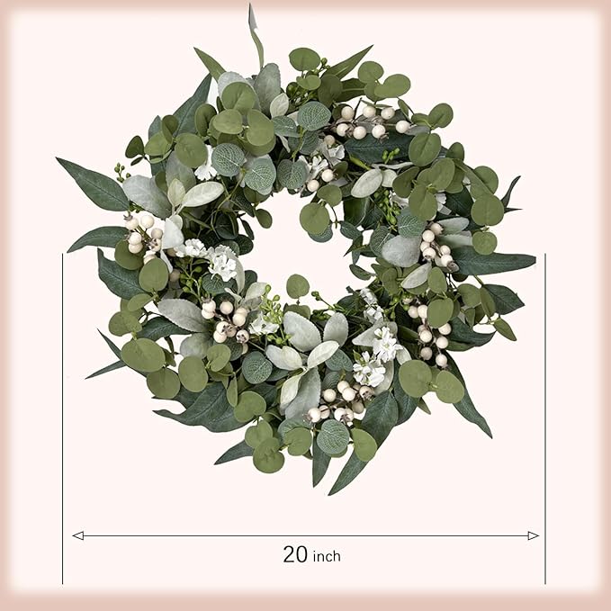 Idyllic Berries Eucalyptus Wreaths for Front Door, 20" Artificial Spring Summer Green Leaf Wreath for Farmhouse Wall Wedding Decor Window Front Porch Decor