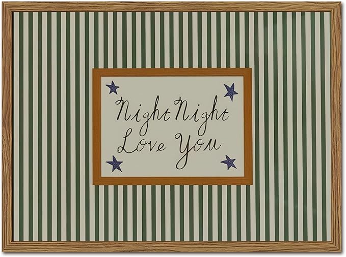 Vintage Night Night Love You Wall Art Mid Century Striped Nursery Bed Wall Decor Picture, Kids Good Old Days Poster Canvas Print Artwork for Child Bedroom Living Room12x16 inch Wood Framed
