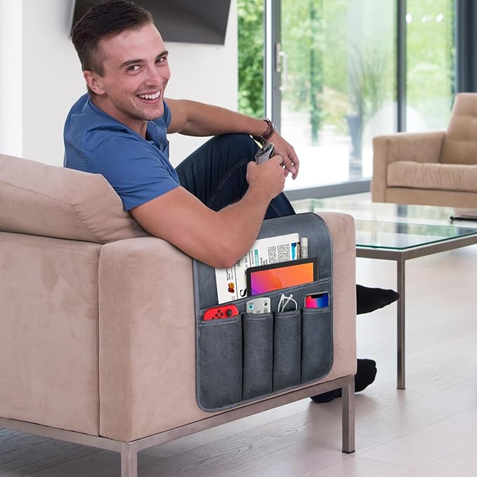 Couch Armrest Remote Control Holder, Polar Fleece Couch Caddy Gifts for Seniors, Non-slip Bed Caddy Tv Remote Holder with 5 Pockets for Key Glasses Phone Magazine Holders