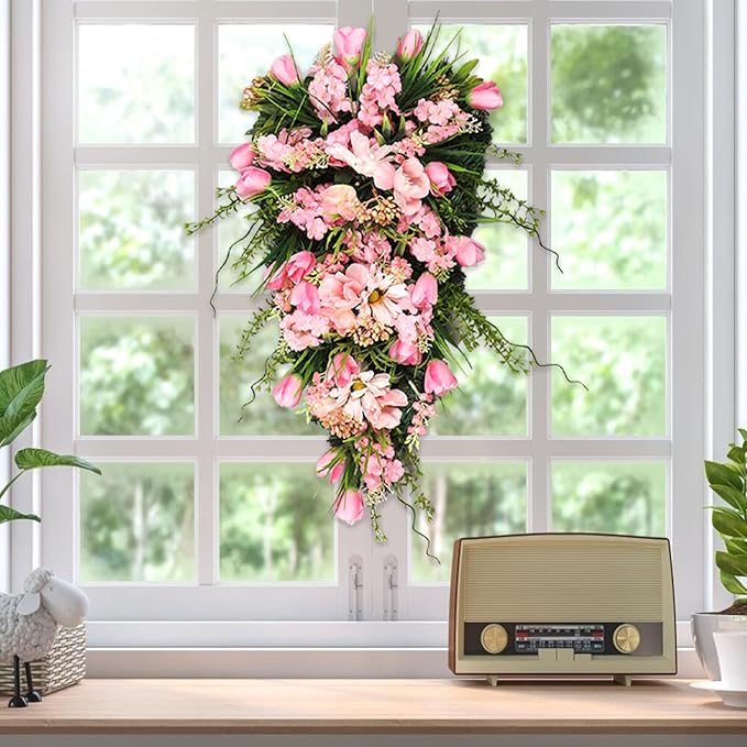21.65In Spring Teardrop Swag, Artificial Floral Swag with Green Leaves, Easter Teardrop Wreath Front Door Swag, Decorative Teardrop Garland for Front Door Porch Wall (A)