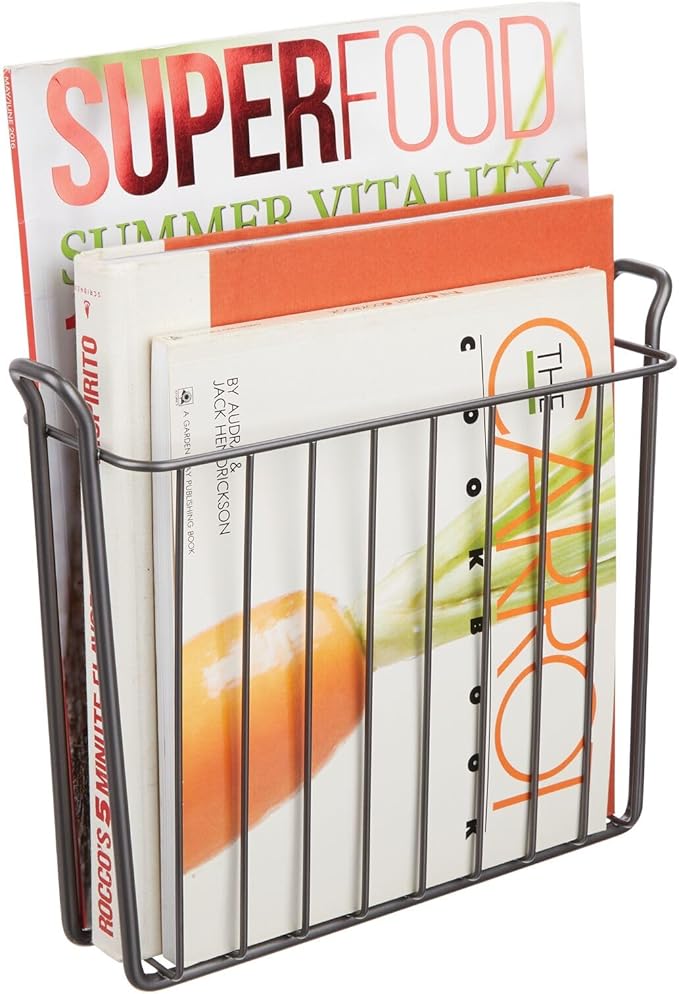 mDesign Metal Wall Mount Decorative Magazine Rack Organizer Bin Holder, Basket for Living Room, Bathroom, Bedroom, Home Office - Holds Books, Newspapers, Tablets - Concerto Collection - Graphite Gray