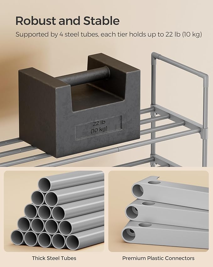 SONGMICS Shoe Rack, 2-Tier Shoe Organizer, Metal Storage Shelf, Upright or Upside Down, for 12-15 Pairs, Stackable, for Entryway, 11.8 x 36.2 x 14.6 Inches, Gray ULSA012G01