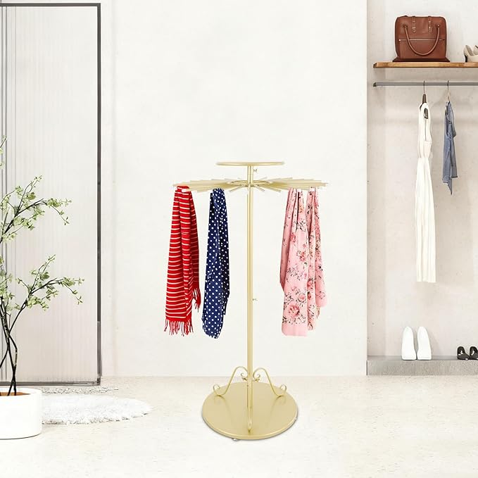 Scarf Display Stand, Commercial Hijab Organizer with 30 Rods, 360°Rotation Scarf Holder Display Rack Organizer for Boutique Retail Store, Apartment, Home Use (Gold, 27.6'')