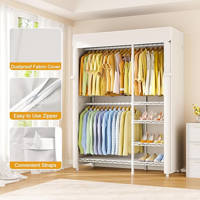 F2C Clothes Rack with Cover, Clothing Racks for Hanging Clothes, Heavy Duty Garment Rack with Shelves and Hanger Rods, White Closet with Beige Cover, 47.2" W x 16.5" D x 78.3" H, Load 630lbs