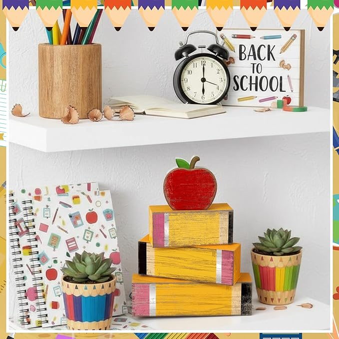 Lineshading 4 Pcs Back to School Table Decorations Retro Red Apples Decor Back to School Tiered Tray Decor Apple Centerpieces Rustic Wood Pencil Block Stack Sign Farmhouse Gifts for Home Shelf Mantel
