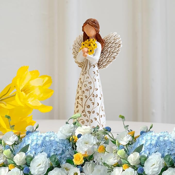 Hand-Painted Angel Figurine with Sunflower & Tree of Life Design - 5.9" Collectible Sculpture for Retirement Gifts, Home Decor, Sunflower Lovers