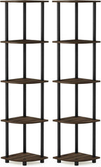 Furinno TURN-N-TUBE Corner Shelf Set of 2, 5-Tier Corner Bookshelf, Open Storage Shelves, for Organization and Storage, Living Room, Home Office, Garage, Columbia Walnut