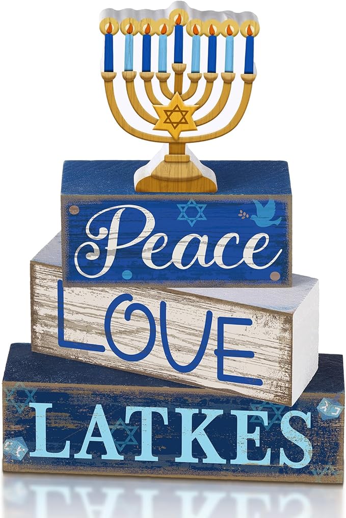 Lineshading 4 Pcs Hanukkah Decorations for Home Chanukah Table Decor Wooden Menorah Decoration Hanukkah Centerpiece Rustic Menorah Block Signs Jewish New Year Decoration for Home Tiered Tray Decor