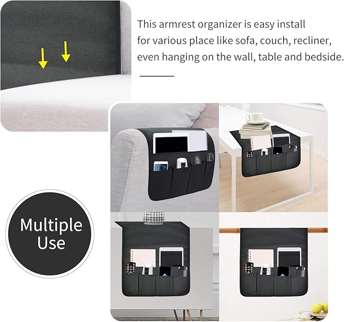 Sofa Armrest Organizer, Remote Control Holder for Recliner Couch, Arm Chair Caddy with 6 Pockets for Magazine, Tablet, Phone, iPad