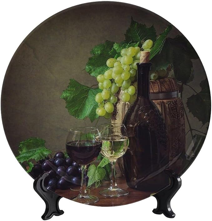 Decorative Plate Stand, 8 Inch, Grapes And Wine On Wooden Table Round Display Plate, Handmade Ceramic Ornament, for Home Kitchen Bedroom Decorative Ornaments