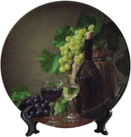 Decorative Plate Stand, 8 Inch, Grapes And Wine On Wooden Table Round Display Plate, Handmade Ceramic Ornament, for Home Kitchen Bedroom Decorative Ornaments