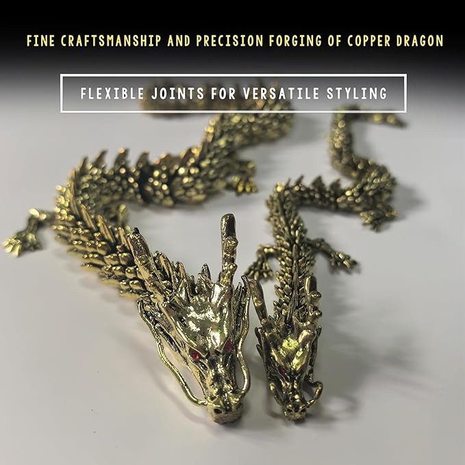 LIYAOLI Metal Large 3D Printed Articulated Chinese Dragon Figurine Statue Bookshelf Decor 15 Inch Copper Flexible Joints Luck Dragon for Home Office Desk Decoration