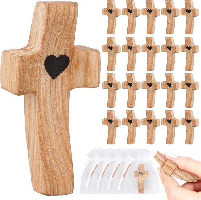 30Pcs Wooden Cross Fidget with Organza Bags Cross My Heart/Encouragement Gift Handcrafted Ash Wood Pocket Cross Handheld Prayer Stress Relief Christian Faith Gifts Religious Easter Day Gifts (Yellow)