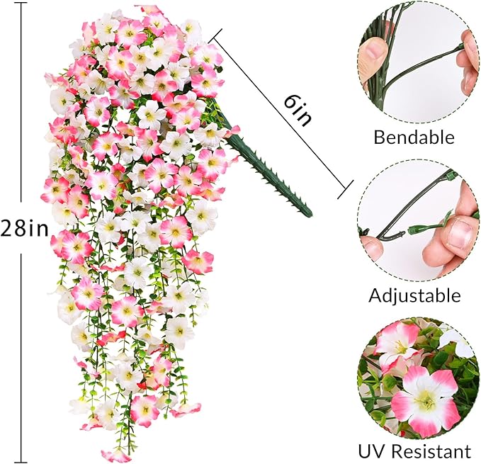 Waipfaru Artificial Petunias Flowers for Outdoors, 4 Pcs UV Resistant Fake Hanging Plants Spring Outside Decor, Faux Silk Flowers Long Trailing Vines for Outdoor Planters Porch Garden