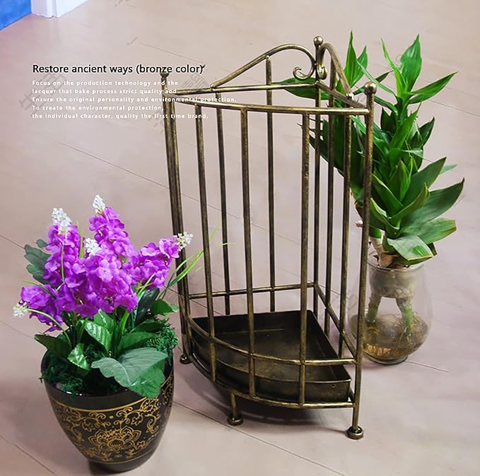 Corner Metal Umbrella Rack, Small Space Sector Umbrella Holder for Walking Sticks Canes Cue, Entryway Decor Umbrella Storage Stand w/Drip Tray (Color : Bronze)