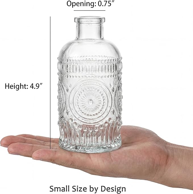 Kingrol 12 Pack Mini Glass Bud Vases, Small Clear Flower Vases for Single Stems, 4.9 Inch Vintage Embossed Bottles for Home Shelf, Bathroom & Desk Decor
