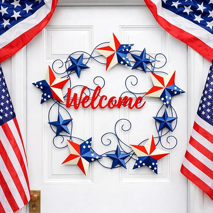 MorningRo Metal Patriotic Wreaths for Front Door Red White Blue Star 4th of July Wreaths American Flag Hanging Vintage Rustic Independence Day Welcome Sign for Porch Wall Home Outdoor, 13 Inch
