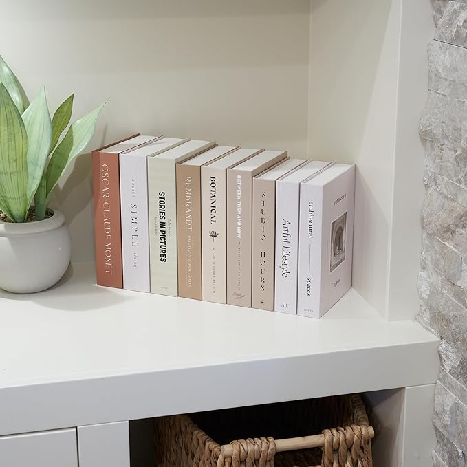 Beautiful Decorative Books - Set of 9 Boxes Enhance Your Coffee Table, Bookshelf or Mantel Shelf Decor - Aesthetic Fake/Faux Books for Modern Home Decoration, Photo Storage and as a Keepsake Box