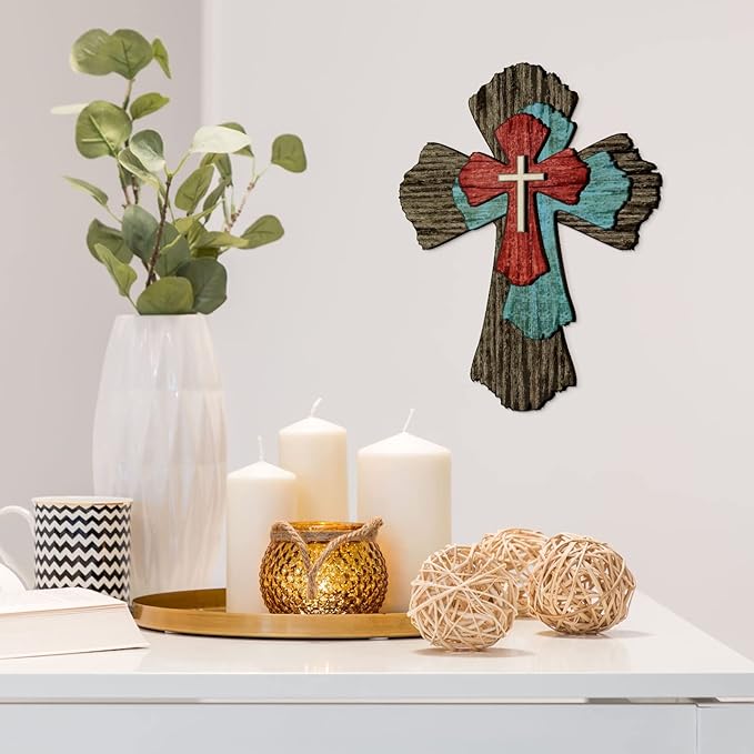 Blulu Cross Wall Decor Hanging Wooden Decorative Wall Cross Rustic Catholic Crucifix Spiritual Art Sculpture for Home Decor Religious First Communion Church Decoration Gift