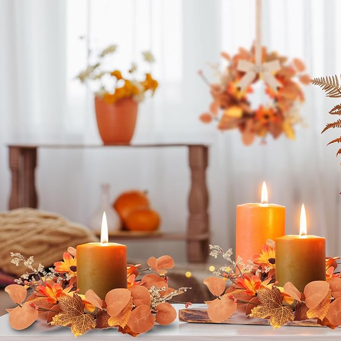 4 Pcs 3 Inch Fall Floral Wreaths Autumn Harvest Sunflowers Pumpkins Leaves Berries Hanging Candle Rings Wreath Mini Thanksgiving Table Centerpiece Wreath for Pillar Cabinets Farmhouse Decoration