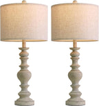BOBOMOMO 27" Antique Gray Table Lamps Set of 2, Large Farmhouse Resin Lamps with Linen Shades, Vintage Gray Lamps for Living Room, Bedroom, or Console Table Rustic Traditional Décor