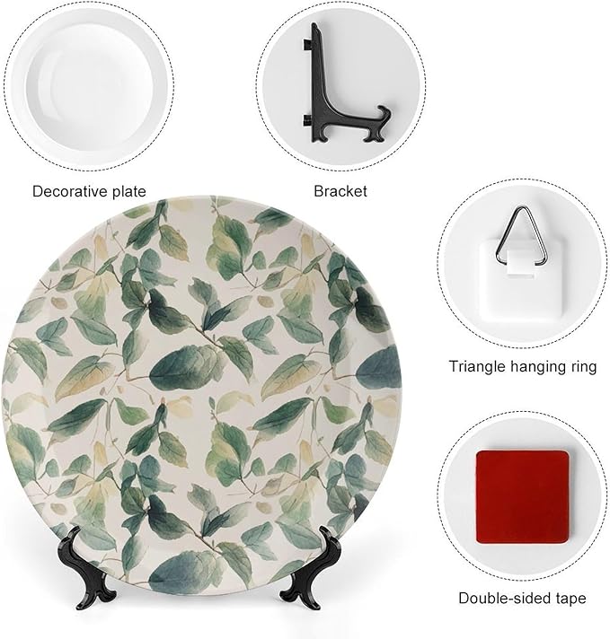 Bone China Decorative Plate Sage Green Eucalyptus Leaves Ceramic Decorative Plates with Display Stand 7inch Handmade Ceramic Ornament Wall Art Decor for Home Kitchen Bedroom Decorative Ornaments