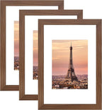 8x12 Picture Frame 3 Pack - Brown Poster Frame Display Pictures 6x8 with Mat or 8 x 12 Without Mat for Wall Hanging Horizontal and Vertical