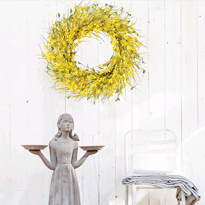 GTIDEA 24" Spring Summer Wreaths for Front Door Artificial Forsythia Flower Wreath on Grapevine Yellow Door Wreath Floral Wreath for Home Indoor Wall Window Garden Porch Farmhouse Decor