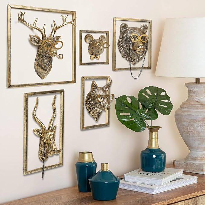 Newinhome Animal Heads Wall Decor (5pcs, Includes Metal Frame) Resin Animals Sculptures Head Wall Hanging Decoration Gold vintage Wall Sculpture for Living Room Bedroom Office