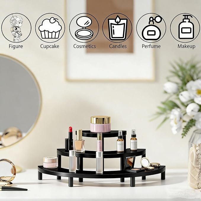3-Tier Wooden Display Risers, Rustic Cupcake Stand, Perfume Organizer, Dessert Table Display Set for Party & Home Decor (Black)