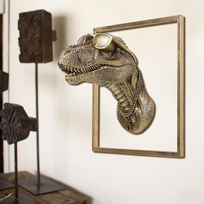 JJALIGHTS Exquisite Resin Animal Head Wall Dragon Sculpture (Gift Metal Frame) - Imitation Copper Vintage Decor for Living Room, Bedroom & Office | Decorative Wall Hanging Art (Dinosaur)
