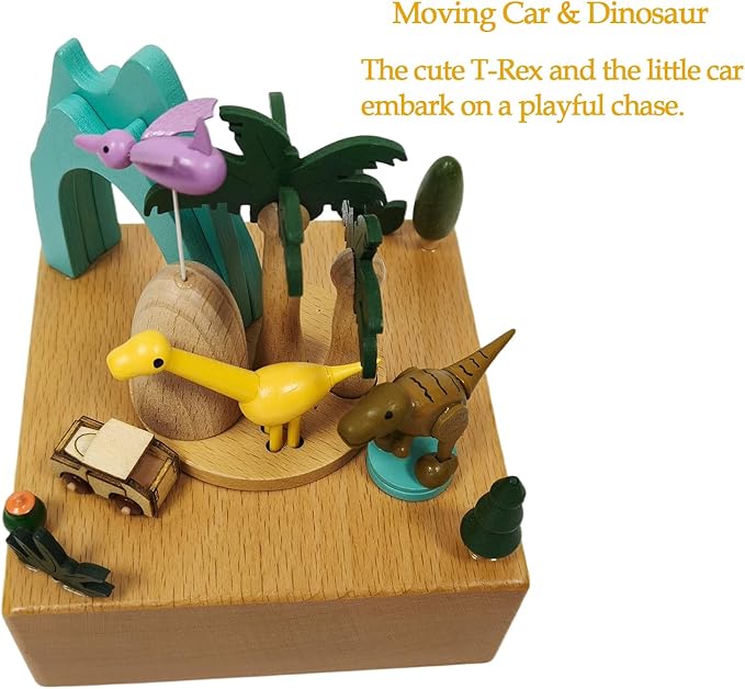 Briskfeel Wooden Jurassic Dinosaurs Music Box - Moving Car & Dinosaur, Mechanical Musical Box, Gift for Dinosaur Lovers and Music Box Enthusiasts, Unique Desk Decoration