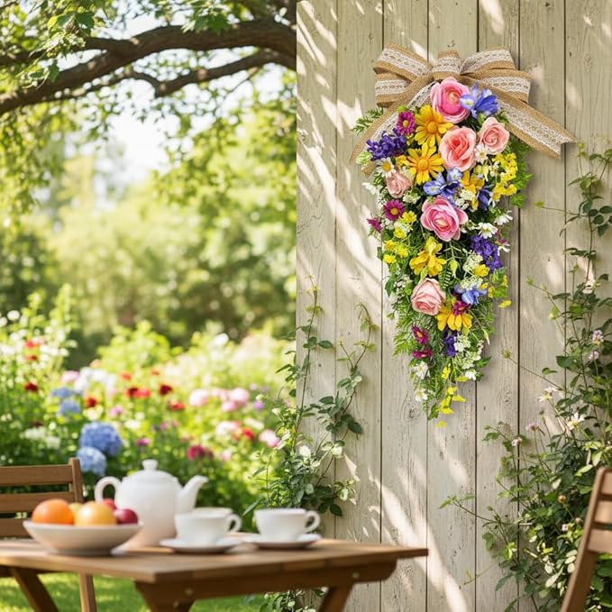 24 Inch Pre-lit Spring Summer Teardrop Swag for Front Door Battery Operated with Timer Rustic Country Decor with Roses Daisies Wildflower Burlap & Lace Bow for Farmhouse Home Decor