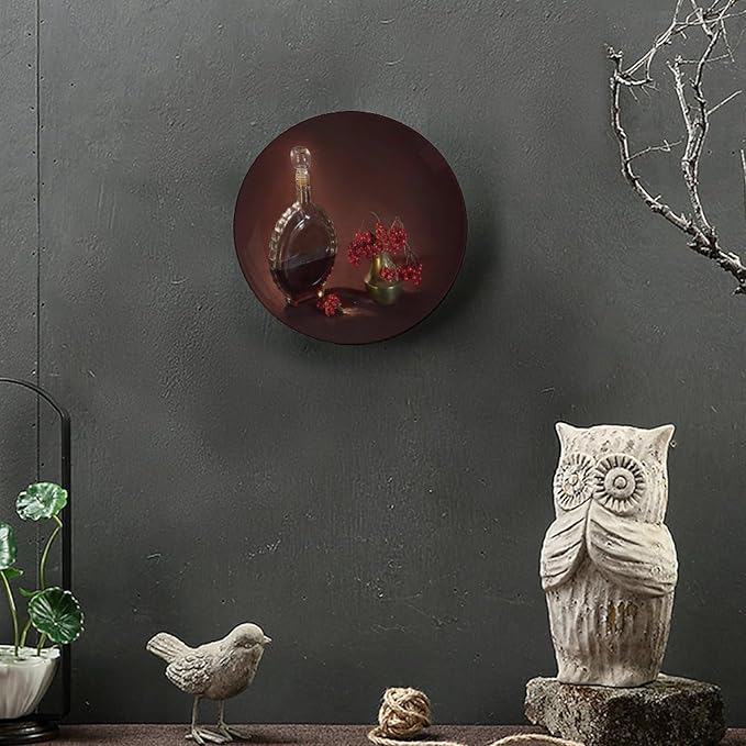 WineDecorative Plate Stand, 8 Inch, Red Wine Bottles and Fruits Round Display Plate, Hanging Decorative Plate with Display Stand, for Wall Hanging Living Room Bathroom Decor Gift