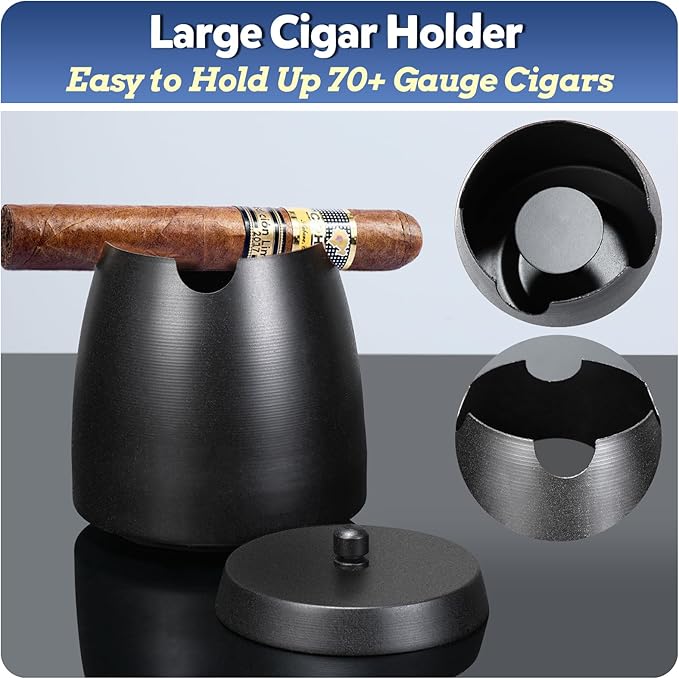 Cigar Ashtray with Lid for Outdoors Indoors Outside Patio Home Black Decor,Large Holder Ash tray Windproof,Cigar Accessories Gift for Men Dad Husband Boyfriend (Small)