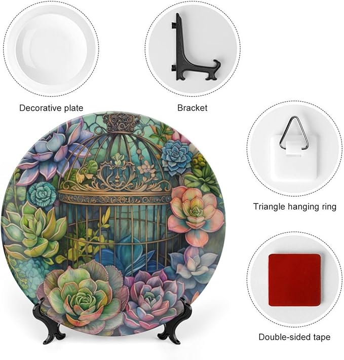 Garden Scenery Theme Decorative Ceramic Plate Round Porcelain Plate,Succulents and Bird Cage Pattern,for Decorative Ornaments Giving Plates, 1 Plate with 1 Display Stand,Green,7 inch
