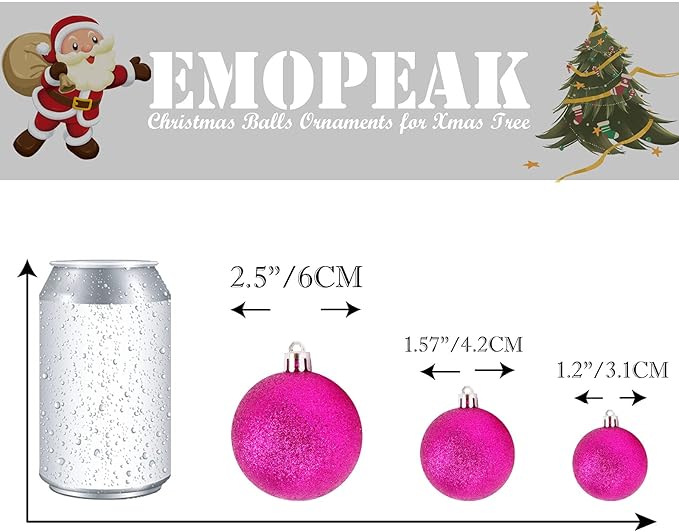 Emopeak 24Pcs Christmas Balls Ornaments for Xmas Christmas Tree - 4 Style Shatterproof Christmas Tree Decorations Hanging Ball for Holiday Wedding Party Decoration (Rose Red, 2.4"/6.2CM)