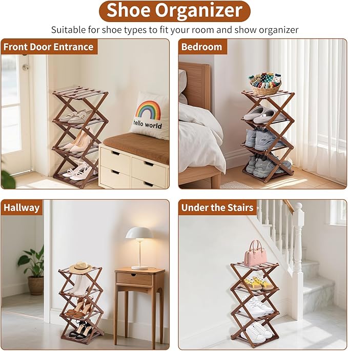Shoe Rack Foldable, Portable Shoes Organizer Standing Shelf, Multifunctional Vertical Narrow Shoe Rack for Entryway, Closet, Bedroom and Hallway(Dark Brown, 4 Layers)