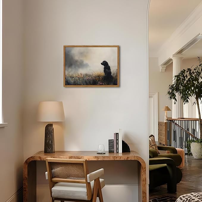 Framed Vintage Black Dog Canvas Wall Art, Rustic Hunting Dog in Wildflower Meadow Pictures Wall Decor, Farmhouse Animal Nature Paintings Prints Home Decor for Living Room Bedroom 16x24 inch
