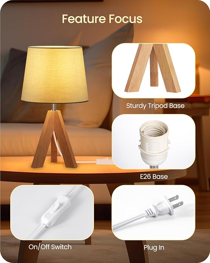 Tripod Table Lamp, Small Bedside Lamp with Wood Base & Green Fabric Shade, Little Cute Desk Lamp, Modern Nightstand Lamp for Bedroom, Kids Room, Living Room, Office, Corner, Green J51TL05