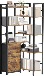 YATINEY Corner Bookshelf, 7 Tier L-Shaped Bookcase with 3 Drawers, Storage Corner Shelf, Freestanding Tall Display Shelf, Industrial Style, for Living Room, Home Office, Rustic Brown and Black SJ10BR