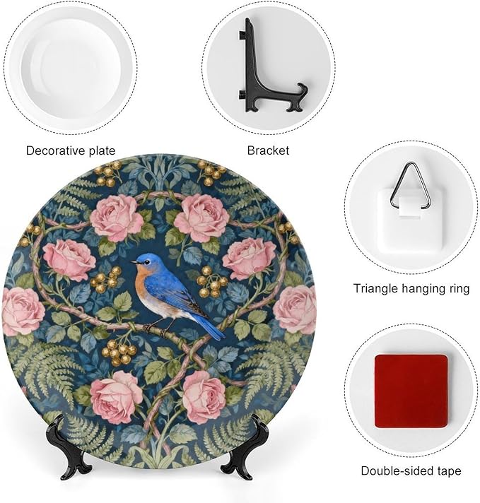 William Morris Forest Rose And Blue Birds Decorative Plate of 6", 7", 8", 10", Custom Christmas Ceramic Display Plate, Custom Gifts, Art Decoration Farmhouse Decorations Club, with Display Stand