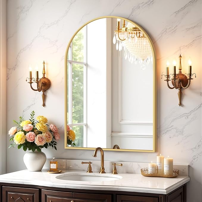 Bathroom Mirror for Wall, 30x20 Inch Arched Mirror, Matte Gold Metal Framed Bathroom Vanity Mirror for Restroom Farmhouse, Anti-Rust, Tempered Glass, Hanging or Leaning