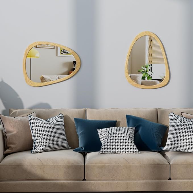 22.5" x 17.5" Irregular Wall Mirror, Natural Wooden Framed Asymmetrical Wall Mirror for Living Room Bedroom Bathroom Entryway, Modern Decorative Hanging Hook