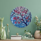 Stained Glass Theme Decorative Ceramic Plate Round Porcelain Plate,7 inch,Cherry Tree Pattern,for Decorative Ornaments Giving Plates, 1 Plate with 1 Display Stand,Blue Pink